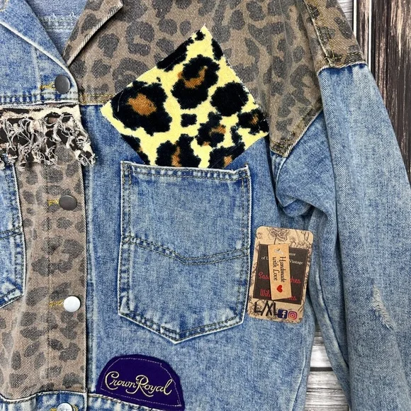 Recycled UpCycled Vintage NWOT Tito’s Crown Royal Denim Jean Jacket Gypsy Hippie - Picture 4 of 7